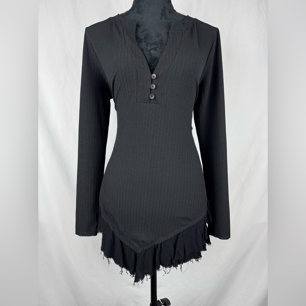 On You Black Long Sleeve Button Up Blouse with Shark Bite Hem